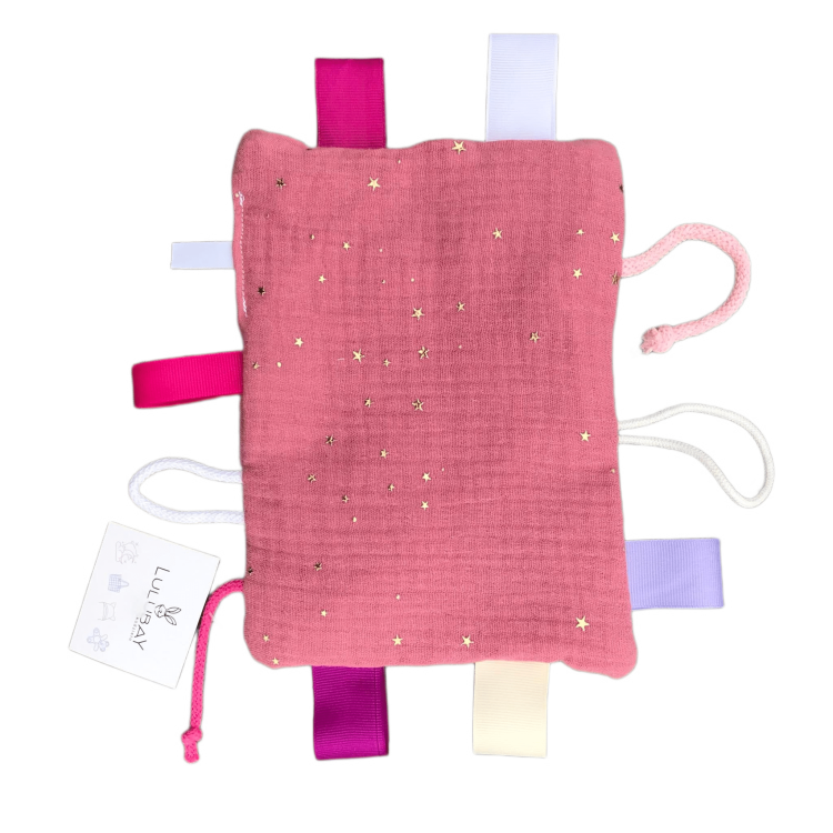 Sensor, szeleścik, zabawka sensoryczna różowy muślin