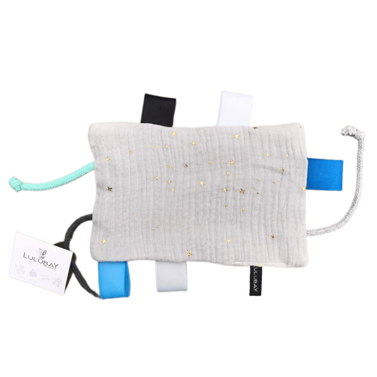 Sensor, szeleścik, zabawka sensoryczna szary muślin