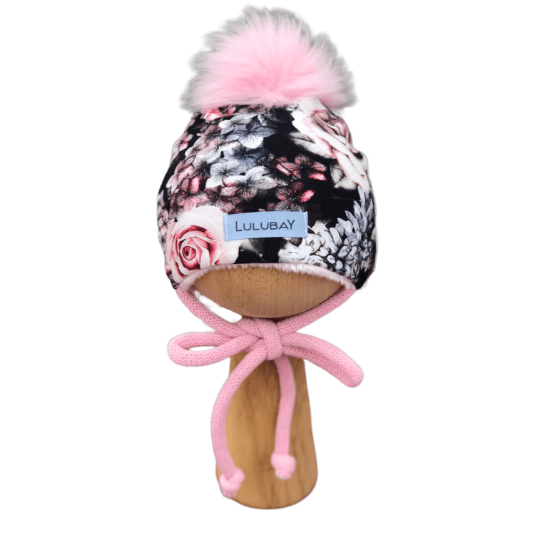 Wiązana czapka w kwiaty z pomponem na futerku, czapka dla noworodka wcześniaka dziewczynki zimowa Obwód Głowy 34-38 cm