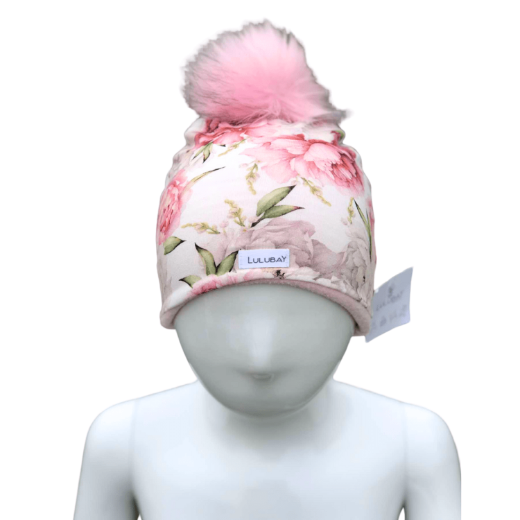 Czapka w kwiaty z pomponem na polarze, zimowa ocieplana czapka dla dziewczynki Obwód Głowy 40-46 cm