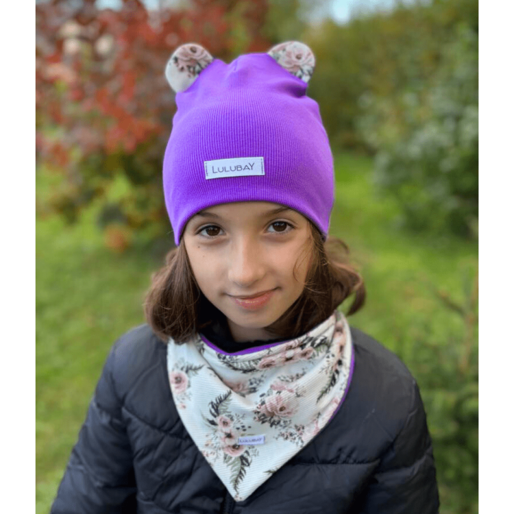 Czapka prążek fioletowa dwuwarstwowa prosta beanie z uszami misia dla dziewczynki dziecięca wiosenna jesienna Obwód Głowy 52-56 cm