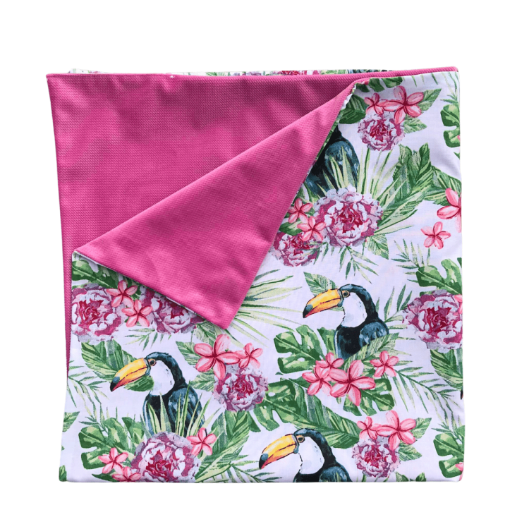 Kocyk bawełna velvet różowy w tukany dla dziecka dziewczynki do wózka kołyski łóżeczka Rozmiar 80/80 cm