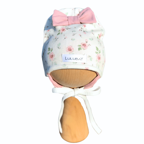 Czapka prążek w różyczki róże z kokardką czapka wiązana dwuwarstwowa z uszami misia dla dziecka dla noworodka dla dziewczynki wiosenna jesienna Obwód Głowy 39-41 cm