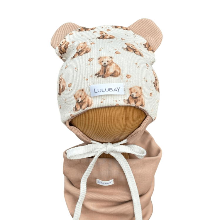 Czapka prążek w misie wiązana dwuwarstwowa z uszami misia dziecięca dla chłopca wiosenna jesienna Obwód Głowy 39-42 cm