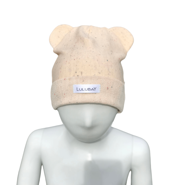 Dresowa czapka z uszami, czapka miś, czapka kremowa nakrapiana Obwód Głowy 52-57 cm