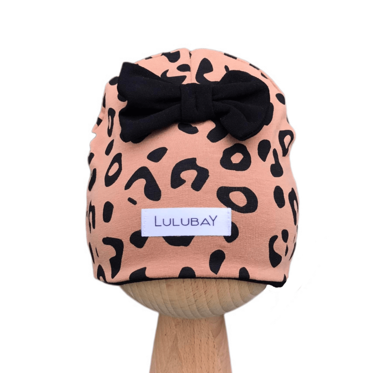 Czapka dresowa w panterkę z kokardką czapka dla wcześniaka dla niemowlaka dla noworodka dla dziecka dla dziewczynki wiosenna jesienna Obwód Głowy 34-36 cm