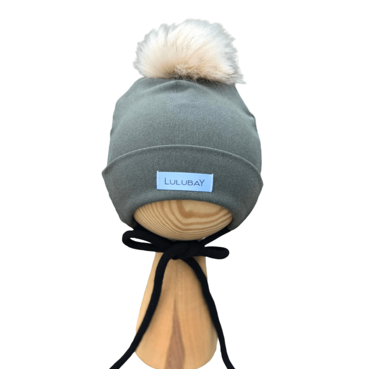 Czapka bawełniana dresowa khaki dwuwarstwowa wywijana z pomponem dla dziecka dla wcześniaka dla noworodka dla dziewczynki  dla chłopca wiosenna jesienna Obwód Głowy 34-38 cm