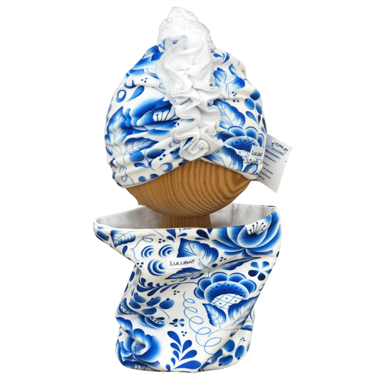Komplet - turban z falbaną z kominem w kwiaty Obwód Głowy 42-44 cm