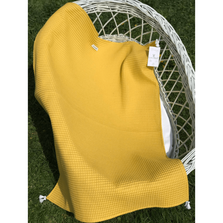 Kocyk otulacz musztardowy wafelek z chwostami Rozmiar 75/100 cm