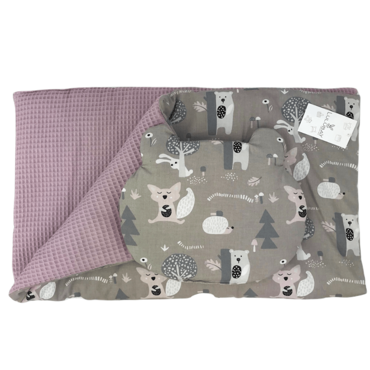 Komplet do wózka, gondoli w zwierzątka, kołderka z poduszką Rozmiar 60/75 cm