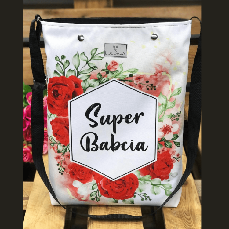 Torba dla Babci, Super Babcia, czerwone kwiaty